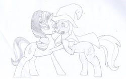 Size: 1222x763 | Tagged: safe, artist:jesterofdestiny, character:starlight glimmer, character:trixie, ship:startrix, black and white, cape, clothing, dancing, female, flamenco, flower, flower in mouth, grayscale, involuntary dancing, lesbian, looking at each other, monochrome, mouth hold, rose, rose in mouth, shipping