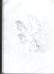 Size: 1275x1754 | Tagged: safe, artist:jesterofdestiny, character:princess cadance, character:spike, species:alicorn, species:dragon, species:pony, baby, black and white, elemental, escape, fire, flying, golem, grayscale, monochrome, monster, traditional art, wings