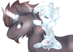Size: 1468x1052 | Tagged: source needed, safe, artist:fluffire, oc, oc only, oc:wraith ghostwing, oc:wynter skye, adorable face, beard, cute, facial hair, father and daughter, female, foal, lighting, male, scar, sleeping, sleepy, smiling, smol, too cute