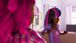 Size: 2048x1152 | Tagged: safe, artist:the-75th-hunger-game, edit, edited screencap, screencap, character:pinkie pie, character:twilight sparkle, species:human, alya cesaire, clothing, cutie mark on clothes, dark skin, flannel, human coloration, humanized, implied flurry heart, jacket, marinette dupain-cheng, miraculous ladybug, oh shit, plaid shirt, screaming, shirt, startled, t-shirt, this will not end well