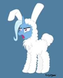 Size: 1368x1693 | Tagged: safe, artist:kyojiogami, character:trixie, species:pony, species:unicorn, bunny costume, clothing, female, mare, simple background, solo, yelling