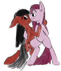 Size: 1071x1242 | Tagged: safe, artist:pinkamenadianepi, character:pinkamena diane pie, character:pinkie pie, oc, oc:red-sketch, bow tie, dancing, holding hooves, simple background, white background