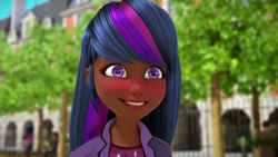 Size: 1280x720 | Tagged: safe, artist:the-75th-hunger-game, edit, character:twilight sparkle, species:human, blushing, clothing, cutie mark on clothes, dark skin, female, humanized, marinette dupain-cheng, miraculous ladybug, solo, tree
