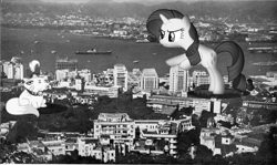 Size: 1257x751 | Tagged: safe, artist:somerandomminion, character:opalescence, character:rarity, species:pony, species:unicorn, black and white, boat, building, city, dundee, giant pony, grayscale, irl, macro, mega rarity, monochrome, photo, ponies in real life, scotland