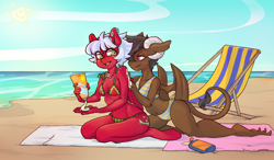 Size: 6278x3670 | Tagged: safe, artist:trgreta, oc, oc only, oc:melon frost, oc:onyx quill, species:anthro, species:dracony, species:kirin, species:pegasus, species:pony, beach, belly button, bikini, claws, clothing, hybrid, looking back, sunscreen, swimsuit, wings