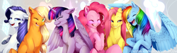 Size: 2000x600 | Tagged: safe, artist:aidapone, character:applejack, character:fluttershy, character:pinkie pie, character:rainbow dash, character:rarity, character:twilight sparkle, character:twilight sparkle (alicorn), species:alicorn, species:earth pony, species:pegasus, species:pony, species:unicorn, blonde, eyes closed, female, hatless, laughing, laughingmares.jpg, lip bite, looking at you, mane six, mare, missing accessory, multicolored hair, one eye closed, smiling, underhoof