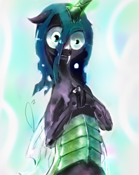 Size: 711x900 | Tagged: dead source, safe, artist:doppelgangsta, character:queen chrysalis, species:changeling, bipedal, changeling queen, cute, cutealis, fangs, female, looking at you, mismatched eyes, smiling, solo, wide eyes