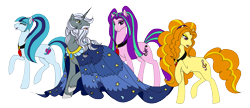 Size: 6007x2600 | Tagged: safe, artist:westphalianartist, character:adagio dazzle, character:aria blaze, character:sonata dusk, character:star swirl the bearded, species:pony, species:unicorn, adult, beard, bedroom eyes, choker, cloak, clothing, cutie mark, daddy star swirl, eyes closed, facial hair, female, fluffy mane, gem, long mane, looking back, male, mare, moon, old, older, over the shoulder, pigtails, ponified, ponytail, raised hoof, simple background, smiling, stallion, stars, the dazzlings, transparent background, wizard