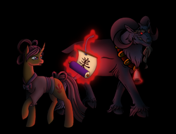 Size: 3573x2723 | Tagged: safe, artist:westphalianartist, character:grogar, character:sable spirit, species:pony, species:ram, species:sheep, episode:campfire tales, g1, g4, my little pony: friendship is magic, atmosphere, bell, black background, clothing, curved horn, dark magic, darkness, evil, evil grin, facial hair, g1 to g4, generation leap, glow, glowing eyes, goatee, grin, headcanon, magic, magic aura, over the shoulder, red eyes, scroll, simple background, smiling, story in the source, story included, vaguely asian robe
