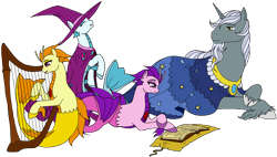 Size: 5112x2912 | Tagged: safe, artist:westphalianartist, character:adagio dazzle, character:aria blaze, character:sonata dusk, character:star swirl the bearded, species:siren, beard, book, clothing, costume, facial hair, harp, hat, musical instrument, reading, robe, the dazzlings, wizard hat, younger