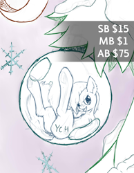 Size: 3500x4500 | Tagged: safe, artist:zipomon, bauble, christmas, christmas tree, commission, holiday, looking at you, on back, snow, snowflake, solo, tree, underhoof, your character here