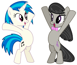 Size: 4100x3516 | Tagged: safe, artist:namelesshero2222, character:dj pon-3, character:octavia melody, character:vinyl scratch, species:earth pony, species:pony, species:unicorn, .svg available, bipedal, female, high res, incoming hug, mare, simple background, transparent background, vector