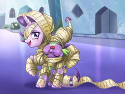 Size: 800x600 | Tagged: safe, artist:jurisalis, character:spike, character:starlight glimmer, species:dragon, species:pony, species:unicorn, ship:sparlight, episode:the crystalling, g4, my little pony: friendship is magic, bondage, bound together, checklist, crystal empire, cute, duo, eyes closed, female, glimmerbetes, laughing, list, looking at you, male, mare, mummification, mummified, open mouth, raised hoof, riding, shipping, smiling, spikabetes, straight, tangled up