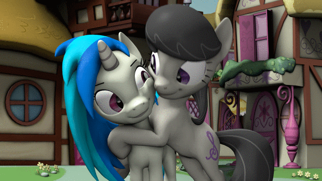 Size: 640x360 | Tagged: safe, artist:tech--pony, character:dj pon-3, character:octavia melody, character:vinyl scratch, species:earth pony, species:pony, species:unicorn, ship:scratchtavia, 3d, affection, animated, cheek squish, cute, female, lesbian, looking at each other, mare, nuzzling, ponyville, shipping, source filmmaker, squishy cheeks, tavibetes, tech--pony is trying to murder us, vinylbetes