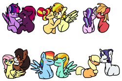 Size: 1004x670 | Tagged: safe, artist:k3elliebear, character:adagio dazzle, character:applejack, character:big mcintosh, character:fizzlepop berrytwist, character:fluttershy, character:lightning dust, character:rainbow dash, character:rarity, character:starlight glimmer, character:sunset shimmer, character:tempest shadow, character:trouble shoes, character:twilight sparkle, character:twilight sparkle (alicorn), species:alicorn, species:pony, ship:glimmermac, ship:rainbowdust, ship:rarijack, ship:sunsagio, ship:tempestlight, my little pony: the movie (2017), eyes closed, female, lesbian, male, shipping, simple background, straight, troubleshy, white background