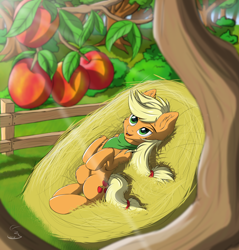 Size: 2868x3000 | Tagged: safe, artist:cluvry, character:applejack, species:earth pony, species:pony, apple, apple tree, bandana, crepuscular rays, female, fence, food, hay bale, high res, looking up, lying down, mare, missing accessory, on back, open mouth, relaxing, smiling, solo, sunlight, tree