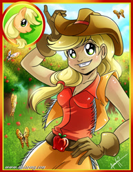 Size: 2153x2786 | Tagged: safe, artist:amelie-ami-chan, character:applejack, species:earth pony, species:pony, applejack's hat, butterfly, clothing, cowboy hat, female, hat, humanized, solo