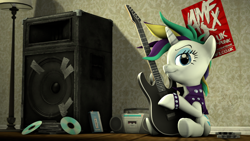 Size: 1920x1080 | Tagged: safe, artist:jarg1994, artist:jdash, character:rarity, species:pony, species:unicorn, episode:it isn't the mane thing about you, g4, my little pony: friendship is magic, 3d, alternate hairstyle, clothing, electric guitar, female, guitar, guitarity, mare, musical instrument, poster, punk, punkity, smiling, solo, source filmmaker, wallpaper