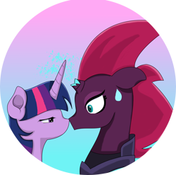Size: 6734x6708 | Tagged: safe, artist:sparkleshadow, character:fizzlepop berrytwist, character:tempest shadow, character:twilight sparkle, character:twilight sparkle (alicorn), species:alicorn, species:pony, species:unicorn, ship:tempestlight, my little pony: the movie (2017), absurd resolution, female, imminent kissing, lesbian, mare, nose to nose, shipping, sweat, sweatdrop