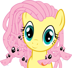Size: 4851x4555 | Tagged: safe, artist:azure-vortex, character:fluttershy, species:pony, absurd resolution, cute, fangs, female, forked tongue, gorgon, greek mythology, looking at you, mare, medusashy, monster pony, simple background, smiling, snake, solo, transparent background, vector, wide eyes