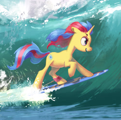 Size: 2345x2327 | Tagged: safe, artist:lis-alis, oc, oc only, oc:stormfall drizzle, species:pony, species:unicorn, cute, female, mare, multicolored hair, open mouth, raised hoof, smiling, solo, surfboard, surfing, water, wave
