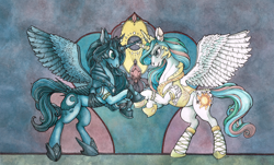 Size: 2360x1430 | Tagged: safe, artist:fillyphalanx, character:princess celestia, character:princess luna, species:alicorn, species:pony, armor, bracelet, clothing, crown, duo, helmet, horn accessory, horn ring, horns are touching, jewelry, rearing, regalia, ruffles, shoes, traditional art, watercolor painting