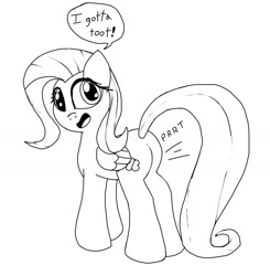 Size: 1242x1265 | Tagged: safe, artist:platypus in a can, character:fluttershy, species:pony, fart, fart noise, female, monochrome, onomatopoeia, plot, simple background, solo, sound effects, white background