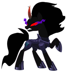 Size: 874x915 | Tagged: safe, artist:venjix5, character:king sombra, character:tempest shadow, species:pony, species:unicorn, my little pony: the movie (2017), armor, blank eyes, colored horn, corrupted, curved horn, dark magic, female, horn, magic, mare, possessed, raised hoof, red eyes, simple background, solo, sombra eyes, sombra's horn, tempest with sombra's horn, transparent background