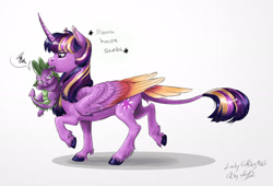 Size: 2464x1676 | Tagged: safe, artist:miidniightsuun, artist:php130, character:spike, character:twilight sparkle, character:twilight sparkle (alicorn), species:alicorn, species:classical unicorn, species:dragon, species:pony, behaving like a cat, cloven hooves, collaboration, colored, colored wings, curved horn, descriptive noise, duo, ethereal mane, female, galaxy mane, gradient wings, horse noises, leonine tail, male, mama twilight, mare, mouth hold, pictogram, realistic anatomy, realistic horse legs, scar, scruff, signature, simple background, starry wings, story included, tail feathers, traditional art, unshorn fetlocks, white background, wing claws