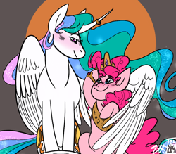 Size: 800x700 | Tagged: safe, artist:lxxjunebugxxl, character:pinkie pie, character:princess celestia, species:alicorn, species:earth pony, species:pony, accessory swap, blushing, female, horn ring, hug, lesbian, looking at each other, mare, pinkielestia, shipping, smiling, winghug