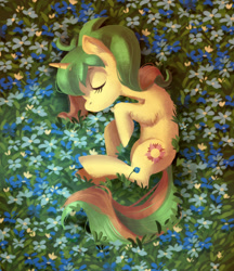 Size: 2000x2317 | Tagged: safe, artist:lis-alis, oc, oc only, oc:tropical grove, species:pony, species:unicorn, curled up, cute, eyes closed, flower, flower field, flower patch, nap, sleeping, solo, top down