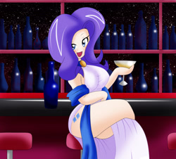 Size: 2089x1886 | Tagged: safe, artist:lucky-jj, character:rarity, species:human, alternative cutie mark placement, bar, beverage, bottle, clothing, crossed legs, dress, female, glass, humanized, looking at you, open mouth, sitting, solo, stool, thighs, wine glass