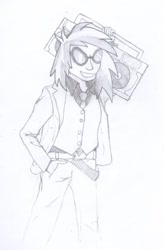 Size: 792x1209 | Tagged: safe, artist:jesterofdestiny, character:dj pon-3, character:vinyl scratch, species:human, belt, black and white, boombox, clothing, dress shirt, ghetto blaster, glasses, grayscale, hand in pocket, humanized, monochrome, necktie, open suit, suit, three piece suit, traditional art, vest, waistcoat