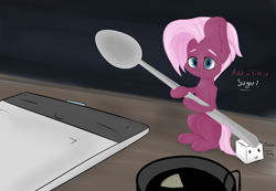 Size: 2818x1952 | Tagged: safe, artist:generallegion, character:jasmine leaf, species:earth pony, species:pony, g4, cup, dialogue, female, food, hoof hold, looking at you, micro, sitting, solo, spoon, sugarcube, table, tea, teaspoon