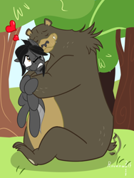 Size: 1200x1600 | Tagged: safe, artist:humble-ravenwolf, character:harry, oc, oc:ravenhoof, species:pegasus, species:pony, bear, bear hug, cute, forest, heart, hug, legitimate bear hugs, story included