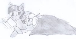 Size: 1218x630 | Tagged: safe, artist:jesterofdestiny, character:lyra heartstrings, character:twilight sparkle, ship:twyra, bedroom eyes, black and white, blanket, book, crossed hooves, cuddling, female, grayscale, lesbian, levitation, looking at each other, lying down, magic, monochrome, reading, shipping, sleepy, smiling, snuggling, telekinesis, traditional art