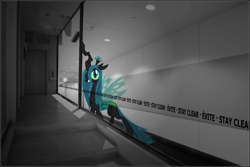 Size: 1400x933 | Tagged: safe, alternate version, artist:dantheman, artist:weegeestareatyou, edit, character:queen chrysalis, fanfic:chrysalis visits the hague, blurred background, corridor, court, depth of field, english, evil grin, fanfic, fanfic art, fimfiction, fimfiction.net link, french, glass, grin, implied twilight sparkle, jail, laughing, looking at you, perspective, photoshop, prison, prisoner, smiling, text, trial, vector, vector edit, window