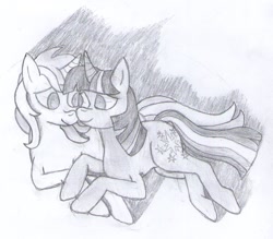 Size: 920x806 | Tagged: safe, artist:jesterofdestiny, character:lyra heartstrings, character:twilight sparkle, character:twilight sparkle (unicorn), species:pony, species:unicorn, fanfic:a slight detour, ship:twyra, black and white, cuddling, fanfic, fanfic art, female, grayscale, holding hooves, lesbian, looking at each other, lying down, monochrome, pencil drawing, shadow, shipping, smiling, snuggling, traditional art