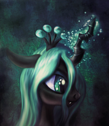 Size: 520x600 | Tagged: safe, artist:macalaniaa, character:queen chrysalis, species:changeling, changeling queen, female, glowing horn, horn, solo