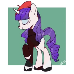Size: 768x768 | Tagged: safe, artist:kagitsuki, character:rarity, species:pony, species:unicorn, beatnik rarity, beret, clothing, eyes closed, female, hat, mare, simple background, sweater