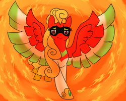 Size: 1280x1024 | Tagged: safe, artist:solratic, oc, oc only, oc:ho-oh, species:pegasus, species:pony, crossover, eyeshadow, female, fire, ho-oh, lidded eyes, looking at you, makeup, mare, pokémon, poképony, smiling, solo, spread wings, wings