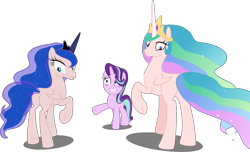 Size: 6724x4096 | Tagged: safe, artist:tralomine, edit, editor:slayerbvc, character:princess celestia, character:princess luna, character:starlight glimmer, species:alicorn, species:pony, species:unicorn, episode:a royal problem, g4, my little pony: friendship is magic, absurd resolution, blushing, embarrassed, furless, furless edit, grin, looking back, missing accessory, now you fucked up, nude edit, nudity, plot, plucked, raised hoof, shaved, simple background, skin, smiling, spell gone wrong, transparent background, underhoof, vector, vector edit