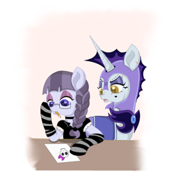 Size: 1000x1000 | Tagged: safe, artist:sparkleshadow, character:inky rose, character:moonlight raven, species:pegasus, species:pony, species:unicorn, alternate universe, armor, bow, choker, clothing, duo, eye scar, female, glasses, helmet, inkyraven, lesbian, mare, mouth hold, night guard, pencil, scar, shipping, skull, socks, striped socks, tattoo