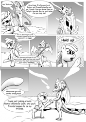 Size: 904x1280 | Tagged: safe, artist:ahobobo, character:princess ember, character:rainbow dash, species:dragon, species:pegasus, species:pony, comic:expanding relations, bloodstone scepter, cloud, comic, duffle bag, everfree forest, explicit series, fanfic, fanfic art, grayscale, hoofbump, monochrome, this will end in weight gain