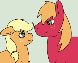 Size: 640x518 | Tagged: safe, artist:insanity-w0lf, character:applejack, character:big mcintosh, species:earth pony, species:pony, ship:applemac, applecest, female, green background, incest, looking at each other, male, shipping, simple background, straight, vulgar description