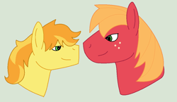 Size: 990x574 | Tagged: safe, artist:insanity-w0lf, character:big mcintosh, character:braeburn, species:earth pony, species:pony, ship:braemac, applecest, gay, green background, incest, looking at each other, male, shipping, simple background, vulgar description