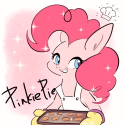 Size: 768x768 | Tagged: safe, artist:zoomiso, character:pinkie pie, species:earth pony, species:pony, apron, bust, chef's hat, clothing, cookie, cute, diapinkes, female, food, hat, mare, oven mitts, smiling, solo, tray