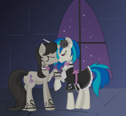 Size: 4000x3685 | Tagged: safe, artist:sparkleshadow, character:dj pon-3, character:octavia melody, character:vinyl scratch, species:earth pony, species:pony, species:unicorn, ship:scratchtavia, alternate universe, bow tie, choker, clothing, cute, dress, eyes closed, female, french maid, kissing, lesbian, maid, mare, night, shipping, tattoo, tavibetes, vampire, vampony, vinylbetes