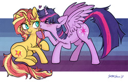 Size: 1200x766 | Tagged: safe, artist:serge-stiles, character:sunset shimmer, character:twilight sparkle, character:twilight sparkle (alicorn), species:alicorn, species:pony, species:unicorn, ship:sunsetsparkle, blushing, female, heart, kiss on the cheek, kissing, lesbian, mare, shipping, signature, tongue out
