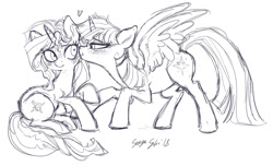 Size: 1100x668 | Tagged: safe, alternate version, artist:serge-stiles, character:sunset shimmer, character:twilight sparkle, character:twilight sparkle (alicorn), species:alicorn, species:pony, species:unicorn, ship:sunsetsparkle, cute, doodle, female, grayscale, heart, kiss on the cheek, kissing, lesbian, mare, monochrome, shimmerbetes, shipping, sketch, twiabetes